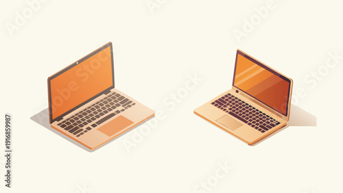 Modern Isometric Laptops with Vibrant Orange Screens Showcasing Digital Technology and Computing Devices in a Clean Minimalist Style on a Light Background
