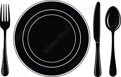 Dining cutlery silhouette vector set, black and white plate fork knife and spoon icons isolated on white background for restaurant menu design.