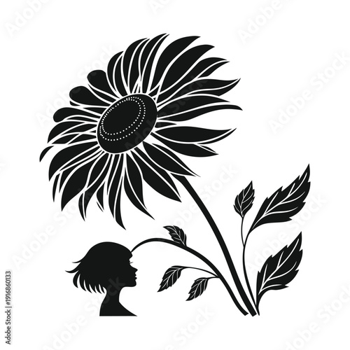 Elegant monochrome silhouette of a girl admiring an oversized blooming flower in a serene garden scene