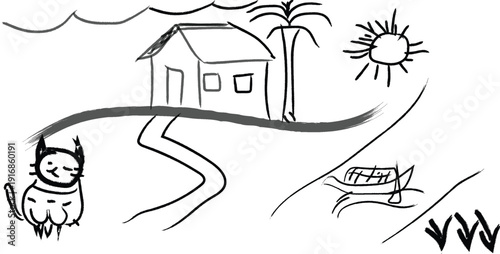 A child's drawing of a sunny scene with a house dog and car