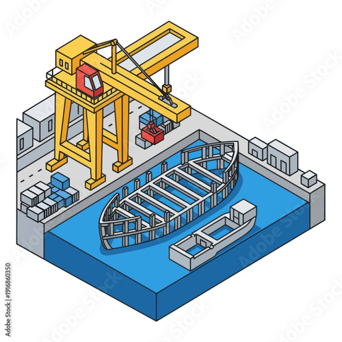 Dry Dock Shipbuilding Crane Industrial Scene.