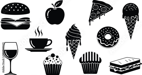 Food and drink silhouette vector set, black and white icons including burger pizza coffee and ice cream for restaurant menu graphic design.