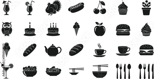 Food and drink silhouette vector set, black and white icons including burger, cake, coffee, cocktail, and turkey for restaurant menu graphic design.