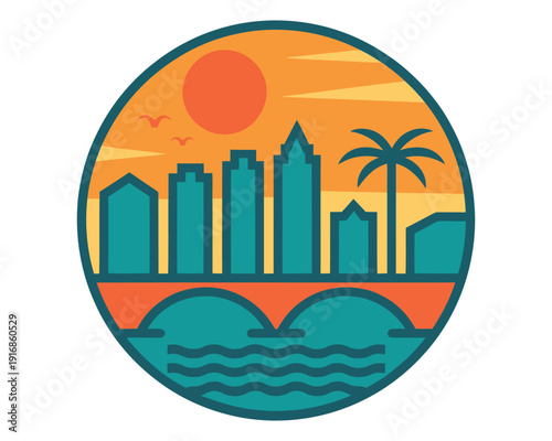 San Diego California City Skyline Logo, Vector Illustration Featuring Beach Palm Trees Retro Sunset Over Ocean Round Sticker Design Travel Vacation Emblem For Tourism And Souvenir Branding.