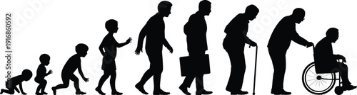 Black vector silhouette of the human life cycle from a crawling baby and growing child to an adult and elderly man in a wheelchair