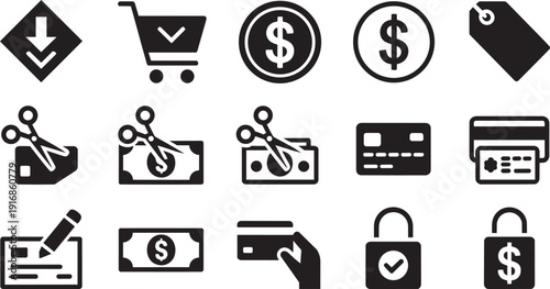 Shopping and payment icons set with cart credit card money and ecommerce symbols isolated EPS vector pack.
