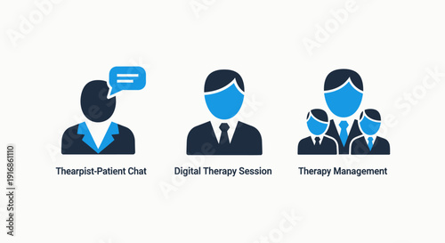 Digital mental health therapy icons depicting patient chat sessions and professional management for online counseling platforms
