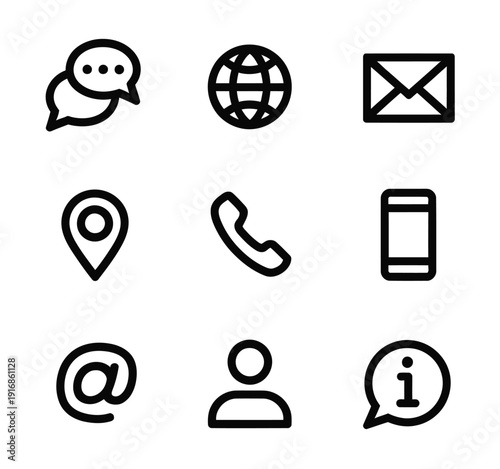 Vector icons representing communication and contact methods arranged in a grid