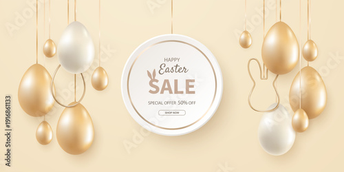 Easter sale banner design with up to 50 discount with realistic gold and white eggs on beige background. A holiday design template for a coupon, banner, or advertising poster. Vector EPS 10.