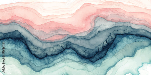 Abstract blue watercolor background with a textured silk paint pattern on grunge paper material to create an artistic winter sky and cloud design.