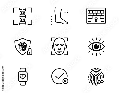 Collection of vector icons representing various biometric security methods for authentication.
