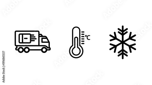 Cold Chain Logistics and Temperature Controlled Delivery Icons Set featuring Refrigerated Truck, Thermometer, and Snowflake Symbol for Frozen Freight Services