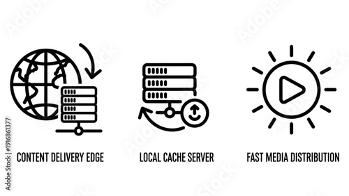 Global Content Delivery Network and Media Distribution Icons representing Edge Computing, Local Cache Servers, and Fast Streaming Technology Services