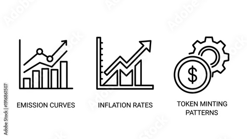 Financial and Blockchain Concept Icons Highlighting Emission Curves, Economic Inflation Rates and Token Minting Patterns