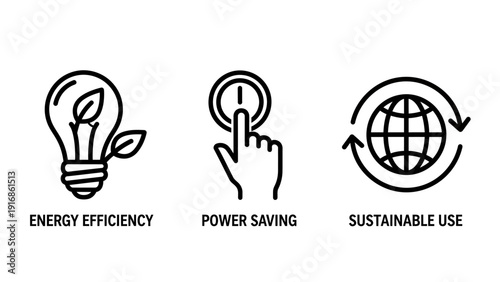 Eco Friendly Conservation Icons Representing Energy Efficiency, Power Saving Technology and Sustainable Use of Resources