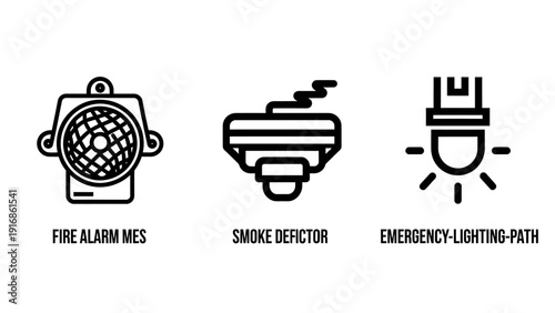 Building Safety and Fire Protection Icons Including Alarm Systems, Smoke Detectors and Emergency Path Lighting