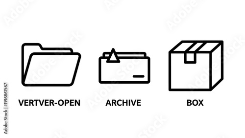 Minimalist Black and White Office Icon Set Featuring an Open Folder, Archive File, and Cardboard Shipping Box