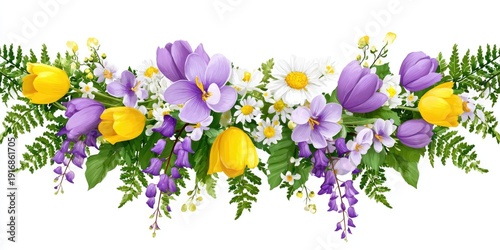 A festive spring floral arrangement featuring tulips, crocuses, and daisies