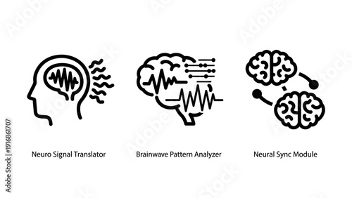 Neuroscience and brainwave analysis line icons for neural synchronization and mental translation