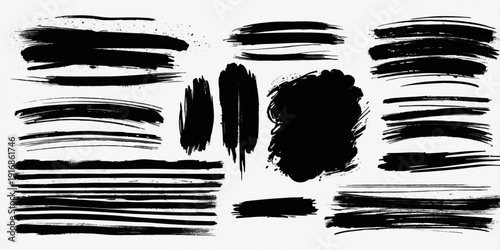 Set of watercolor brush strokes and paint splatters featuring black ink grunge textures and artistic border elements for a vector frame design