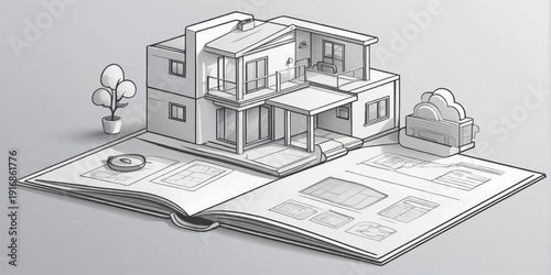 Hand Drawn House Sketch with Architectural Blueprint Design Vector Illustration