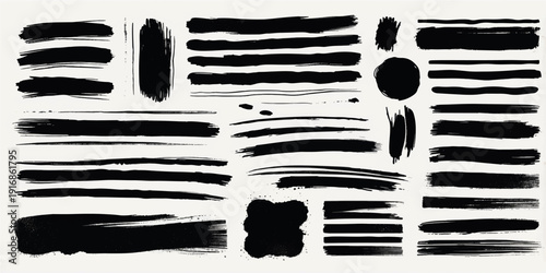 Black and White Grunge Paint Brush Strokes and Hand Drawn Ink Splash Set Vector Collection