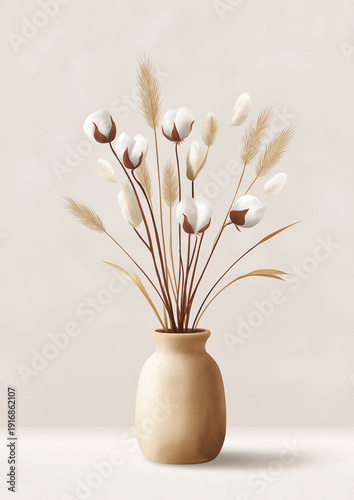 Dried cotton branches in beige vase on neutral background
