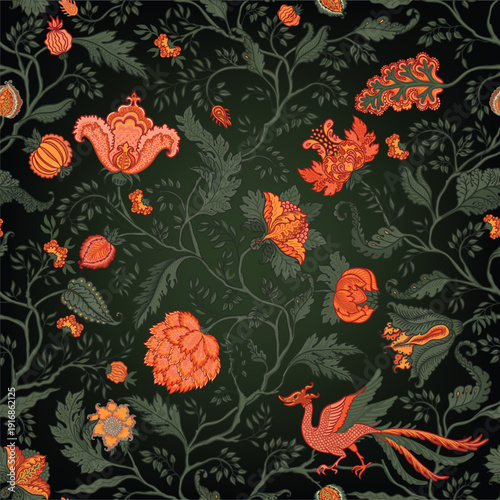 Detailed Jacobean chintz seamless vector pattern with rich flowers, foliage, and fantastic creatures. Vintage ornamental design inspired by classic textile prints and traditional decorative art.