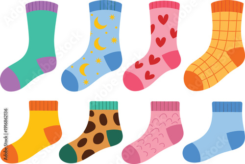 Colorful cartoon socks collection set, cute patterned winter footwear illustration, flat design cozy fashion accessory isolated on white background