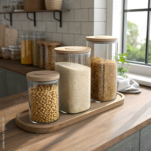 Bulk food storage in glass containers zero waste kitchen concept
