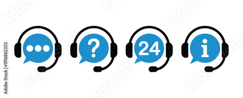 Minimalist Customer Service Icon Set, Vector Collection Featuring Headphones And Speech Bubbles Representing Support, Call Center, And Client Assistance In Clean Line And Flat Design For Web And 