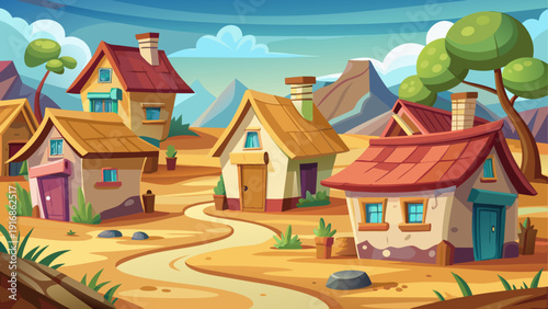 Cartoon vector illustration of a group of small poor houses with uneven roofs dusty ground and quiet flat environment
