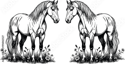 WebBlack and white horse line art, two stallions in meadow with flowers, equestrian vector illustration, farm animal graphics, stallion, mare.