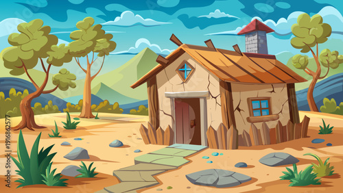 Cartoon vector illustration of a small poor house made of old wood with cracked walls simple roof dusty ground and minimal flat neighborhood scene