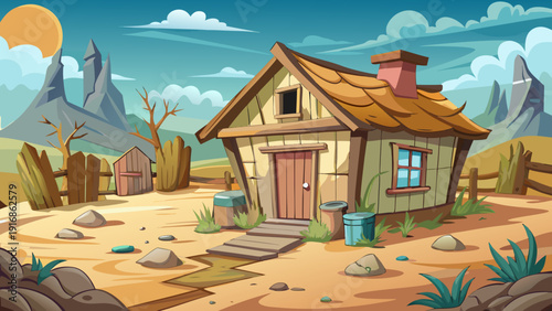Cartoon vector illustration of a small poor house made of old wood with cracked walls simple roof dusty ground and minimal flat neighborhood scene