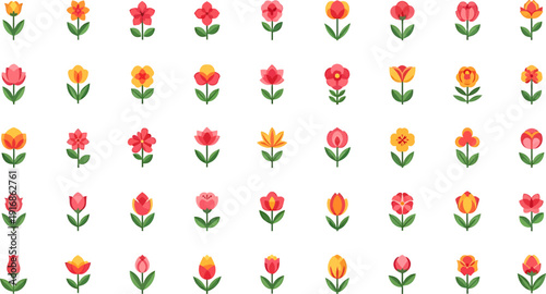 Vibrant collection of flat design flower icons, featuring various colorful spring blossoms.