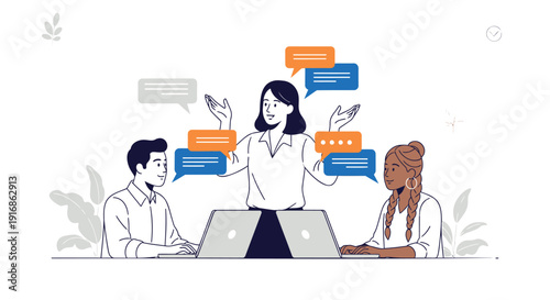 Business team collaboration with laptops and speech bubbles, vector illustration of diverse people working together.