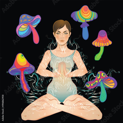 Vector illustration of a woman with mushrooms in a New Age psychedelic style. Concept of psilocybin, consciousness expansion, yoga, spirituality, and hippie culture with symbolic, colorful details.