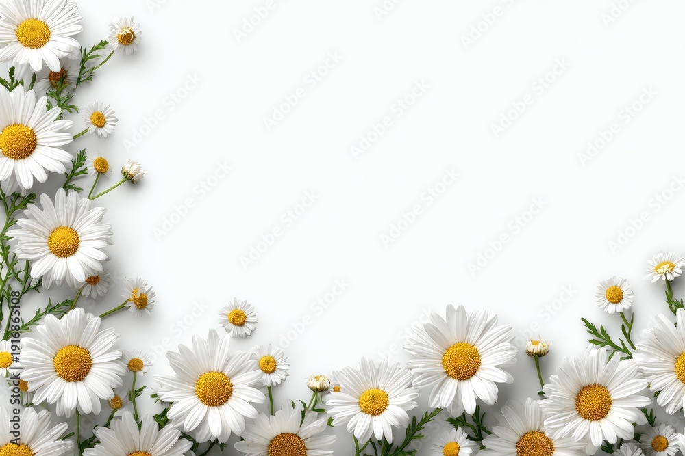 Fototapeta premium Delicate white and yellow daisies form a floral border on a bright white background