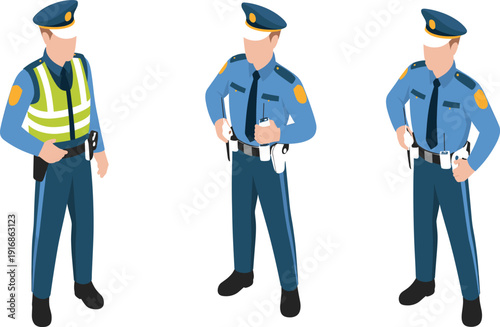 Police officers set, flat vector illustration, law enforcement uniform characters, security guard icons, public safety service graphic design,