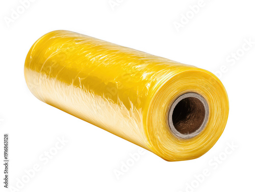 A roll of yellow plastic wrap or cling film for food storage and packaging isolated on transparent background