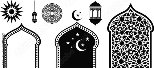 WebIslamic architectural portal arch set, mosque window frames with arabesque patterns, crescent moon and star silhouettes for Ramadan and Eid design.