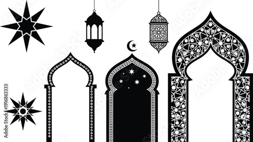 WebIslamic design elements collection featuring mosque portals, architectural arches, hanging lanterns, crescent moon, and stars silhouettes for Ramadan and Eid Mubarak.