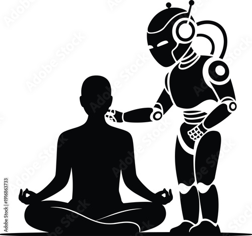 A black and white robot standing next to a meditating person in a lotus position human