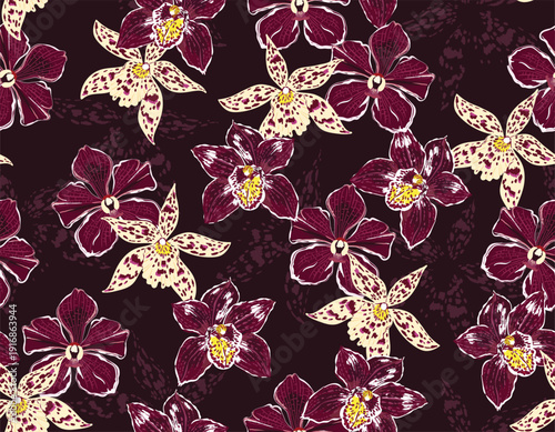 Trendy orchid flower print seamless pattern with vibrant tropical elements