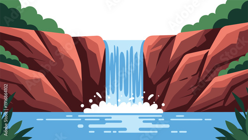 Large blue waterfall cascading between red rocky cliffs into a calm pool of water with green plants and a white sky in minimalist design.