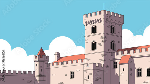Grand medieval castle with tall towers, defensive walls, and red tiled roofs stands against a clear blue sky with fluffy white clouds for history theme.