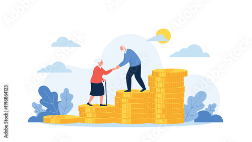 Senior couple climbing up stacks of gold coins with the husband helping his wife symbolizes retirement savings, financial security, and elderly care.