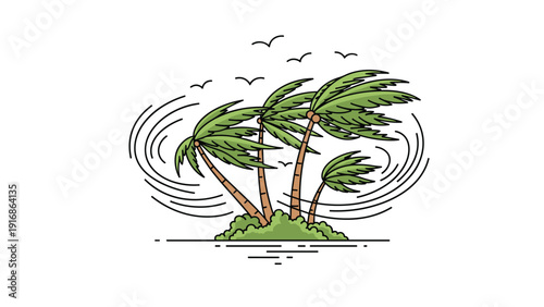 Four palm trees bending under the force of strong winds and rain on a small green island in the middle of a stormy sea during a hurricane.