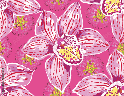 Trendy orchid flower print seamless pattern with vibrant tropical elements. A colorful and modern botanical Vector Illustration background Design for fashion , fabric, textile, wallpaper , wrapping 